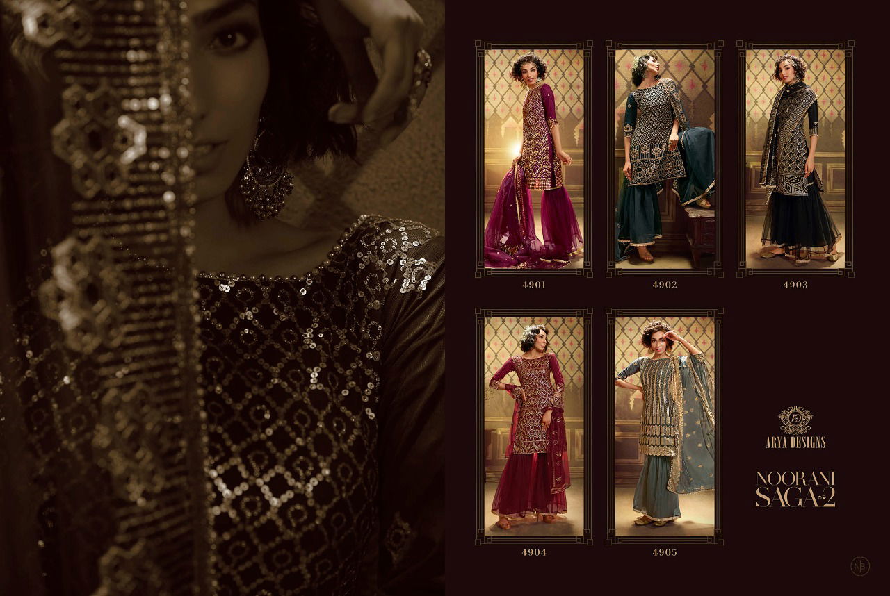 Arya Noorani Saga 2 Wedding Designer Heavy Work Georgette Top With Dull Santoon Inner Net Bottom With Four Sided Bordered Dupatta Collection